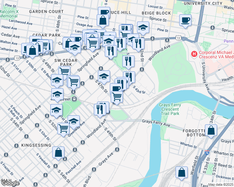 map of restaurants, bars, coffee shops, grocery stores, and more near 4620 Woodland Avenue in Philadelphia