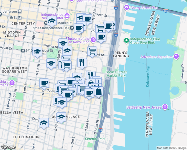 map of restaurants, bars, coffee shops, grocery stores, and more near 316 South 2nd Street in Philadelphia