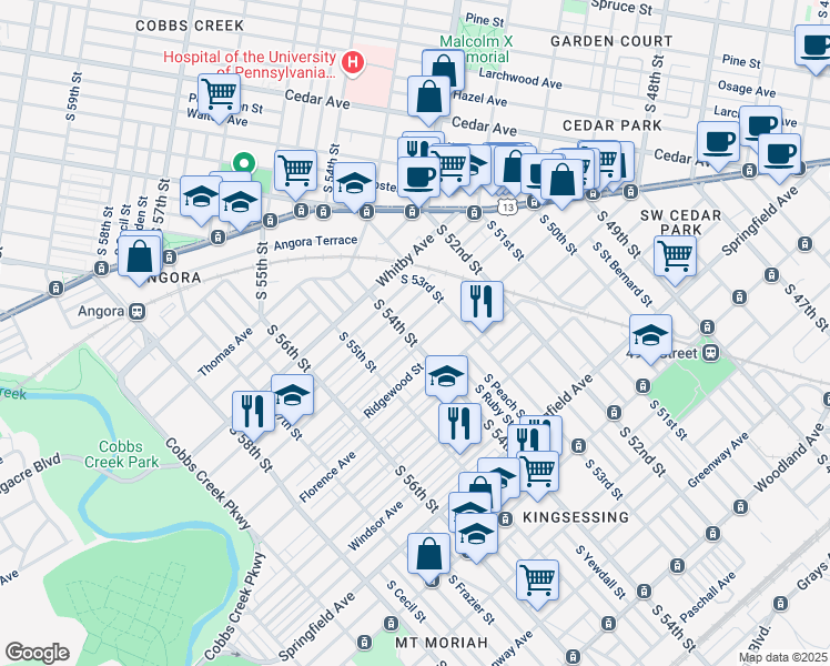 map of restaurants, bars, coffee shops, grocery stores, and more near 5407 Pentridge Street in Philadelphia
