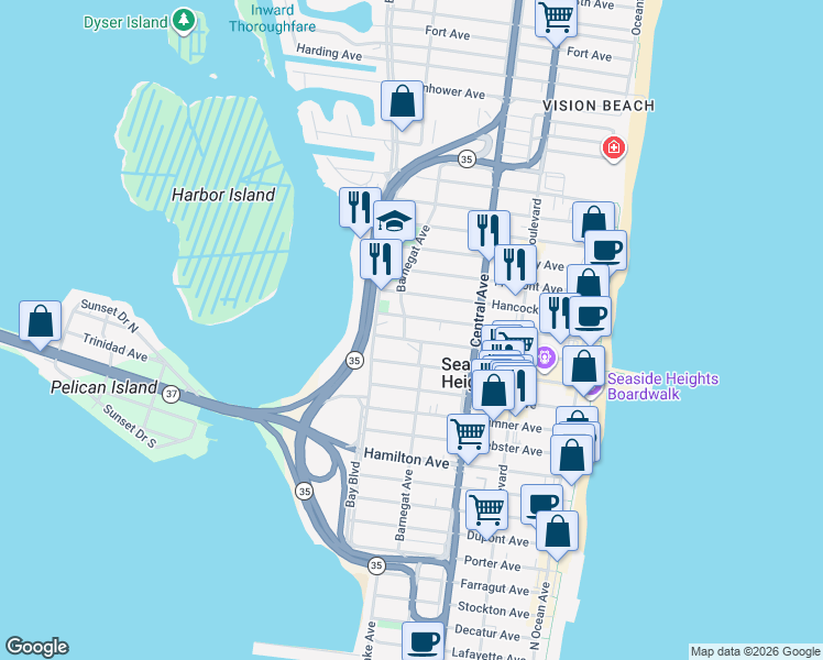 map of restaurants, bars, coffee shops, grocery stores, and more near 328 Grant Avenue in Seaside Heights