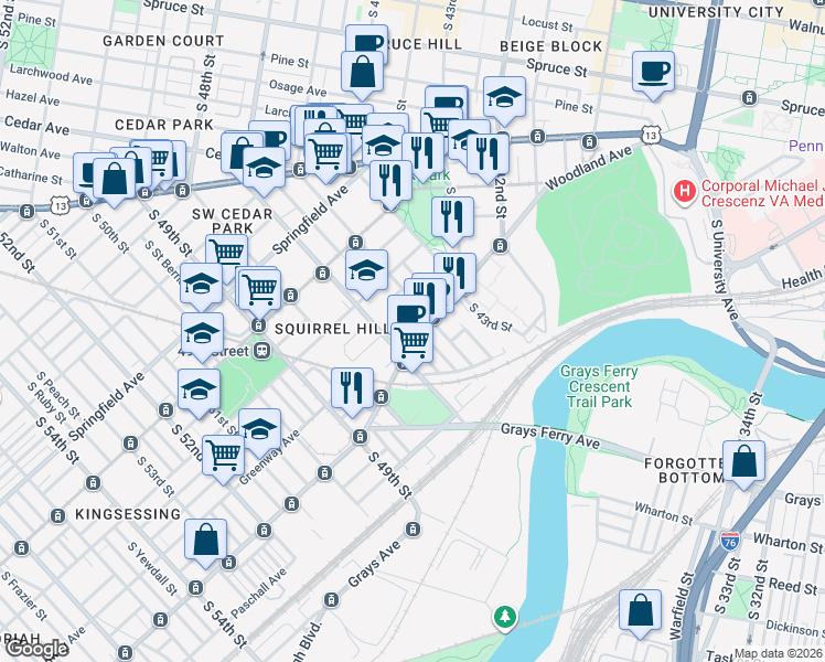 map of restaurants, bars, coffee shops, grocery stores, and more near 4620 Woodland Avenue in Philadelphia