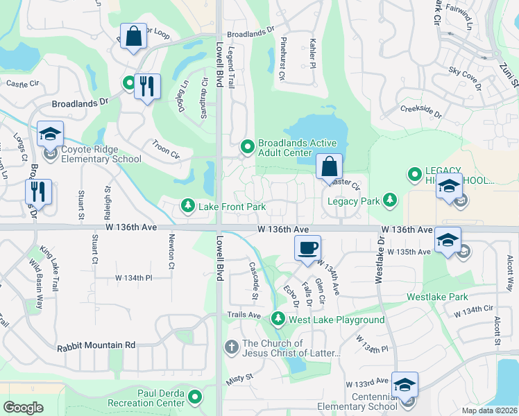map of restaurants, bars, coffee shops, grocery stores, and more near 3330 Boulder Circle in Broomfield