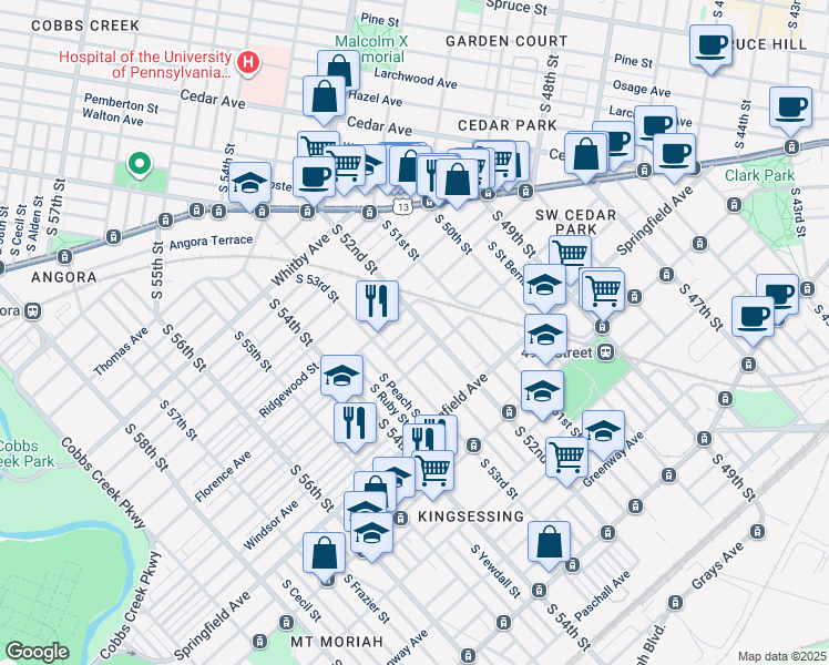 map of restaurants, bars, coffee shops, grocery stores, and more near 5226 Beaumont Avenue in Philadelphia