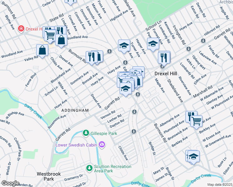 map of restaurants, bars, coffee shops, grocery stores, and more near 3816 Berry Avenue in Drexel Hill
