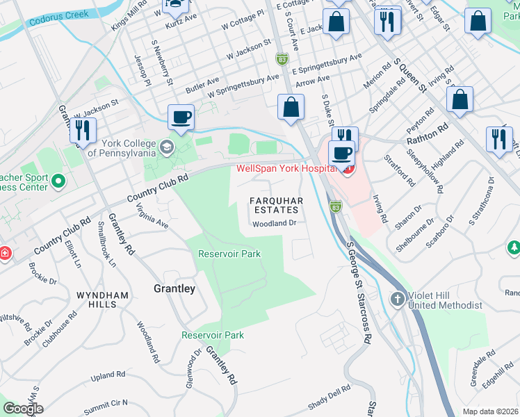 map of restaurants, bars, coffee shops, grocery stores, and more near 171 Woodland Drive in York