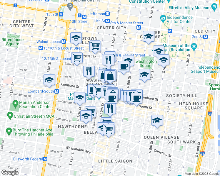 map of restaurants, bars, coffee shops, grocery stores, and more near 904 Waverly Street in Philadelphia