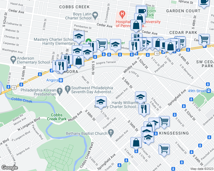 map of restaurants, bars, coffee shops, grocery stores, and more near 5519 Whitby Avenue in Philadelphia