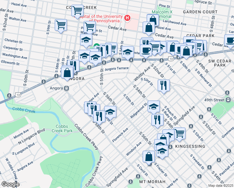 map of restaurants, bars, coffee shops, grocery stores, and more near 5519 Whitby Avenue in Philadelphia