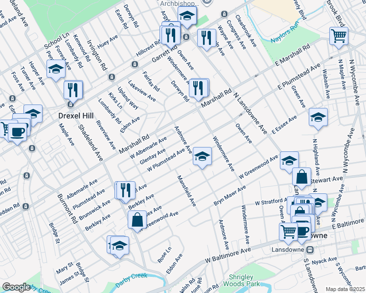 map of restaurants, bars, coffee shops, grocery stores, and more near 141 West Plumstead Avenue in Lansdowne