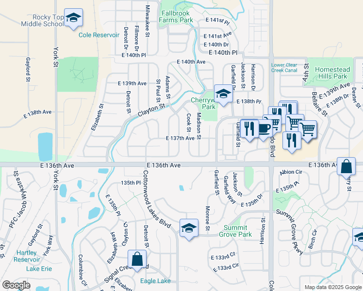 map of restaurants, bars, coffee shops, grocery stores, and more near 13670 Adams Street in Thornton