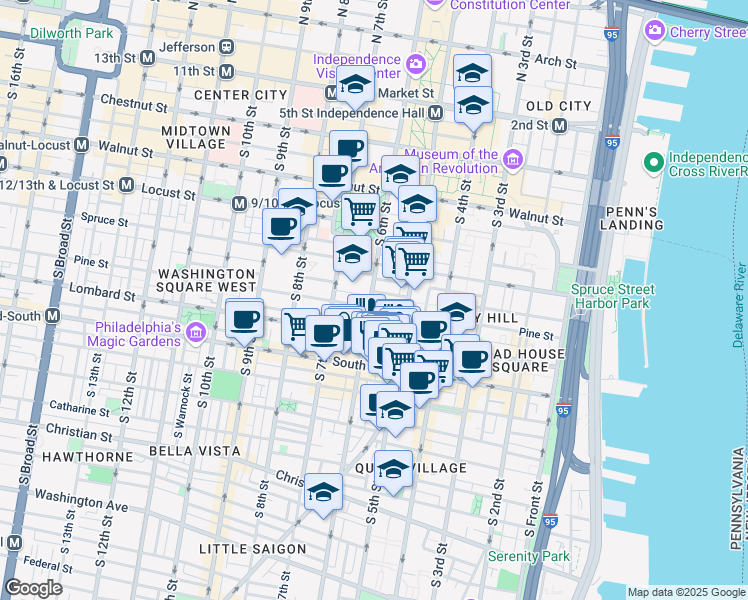 map of restaurants, bars, coffee shops, grocery stores, and more near 337 South 6th Street in Philadelphia