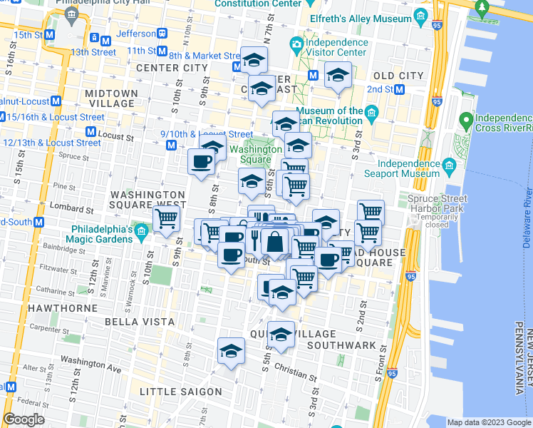 map of restaurants, bars, coffee shops, grocery stores, and more near 337 South 6th Street in Philadelphia