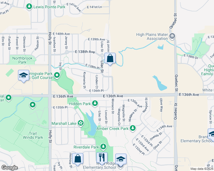 map of restaurants, bars, coffee shops, grocery stores, and more near 13639 Locust Street in Brighton