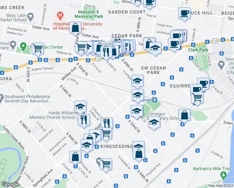 map of restaurants, bars, coffee shops, grocery stores, and more near 1010 South 51st Street in Philadelphia