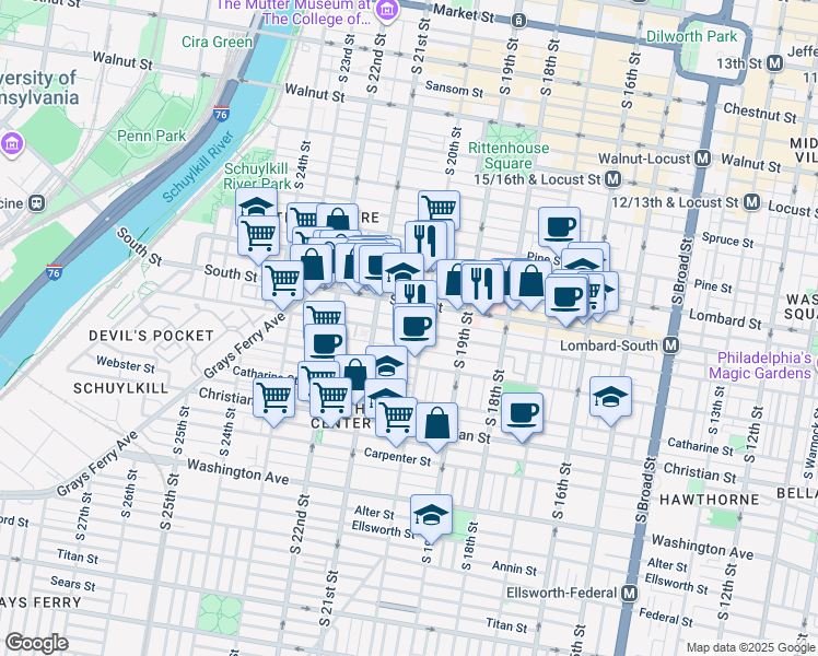 map of restaurants, bars, coffee shops, grocery stores, and more near 2013 Bainbridge Street in Philadelphia
