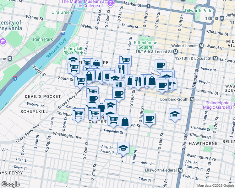 map of restaurants, bars, coffee shops, grocery stores, and more near 2009 Bainbridge Street in Philadelphia