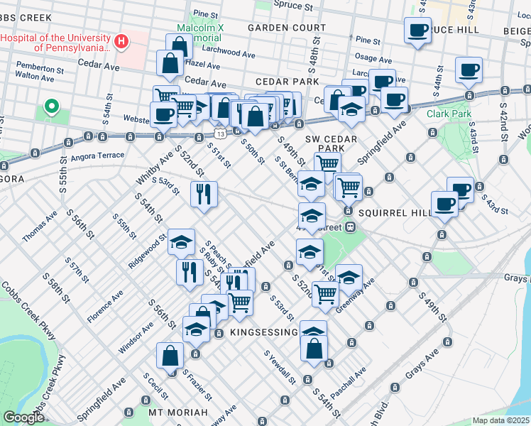 map of restaurants, bars, coffee shops, grocery stores, and more near 1010 South 51st Street in Philadelphia