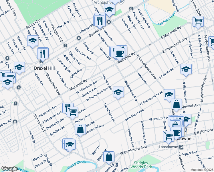 map of restaurants, bars, coffee shops, grocery stores, and more near 141 West Plumstead Avenue in Lansdowne