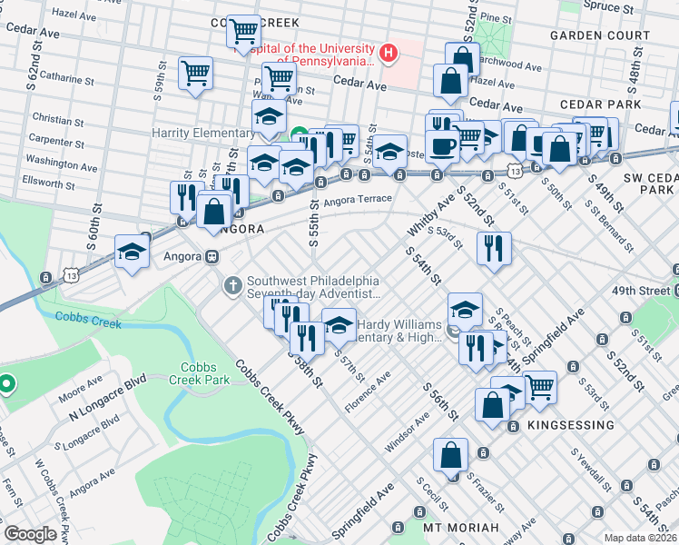 map of restaurants, bars, coffee shops, grocery stores, and more near 5547 Broomall Street in Philadelphia