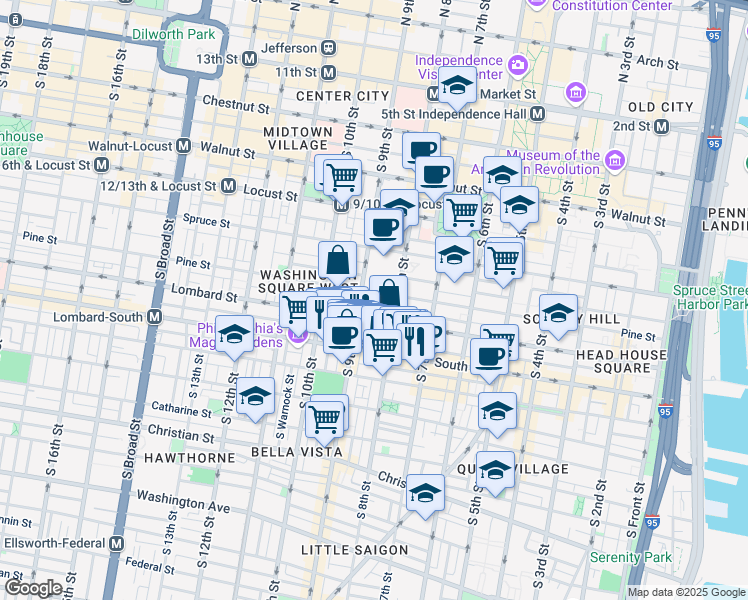 map of restaurants, bars, coffee shops, grocery stores, and more near 816 Lombard Street in Philadelphia