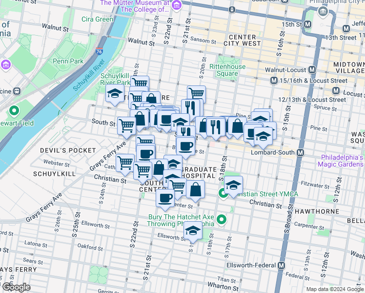 map of restaurants, bars, coffee shops, grocery stores, and more near 2013 Bainbridge Street in Philadelphia