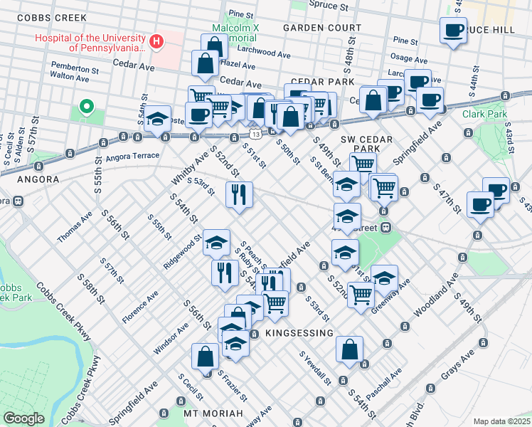 map of restaurants, bars, coffee shops, grocery stores, and more near 1016 South 52nd Street in Philadelphia
