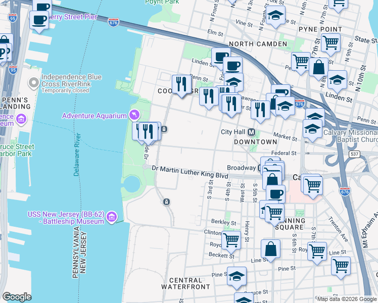 map of restaurants, bars, coffee shops, grocery stores, and more near 200 Federal Street in Camden