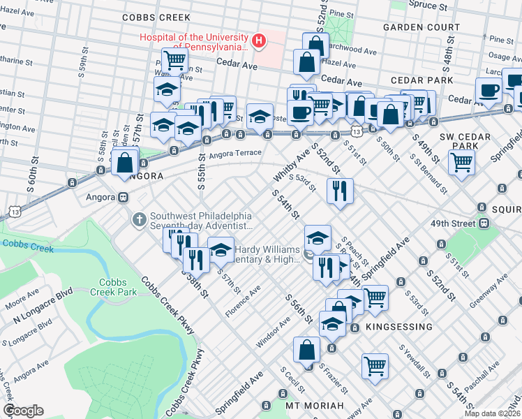 map of restaurants, bars, coffee shops, grocery stores, and more near Malcolm Street in Philadelphia