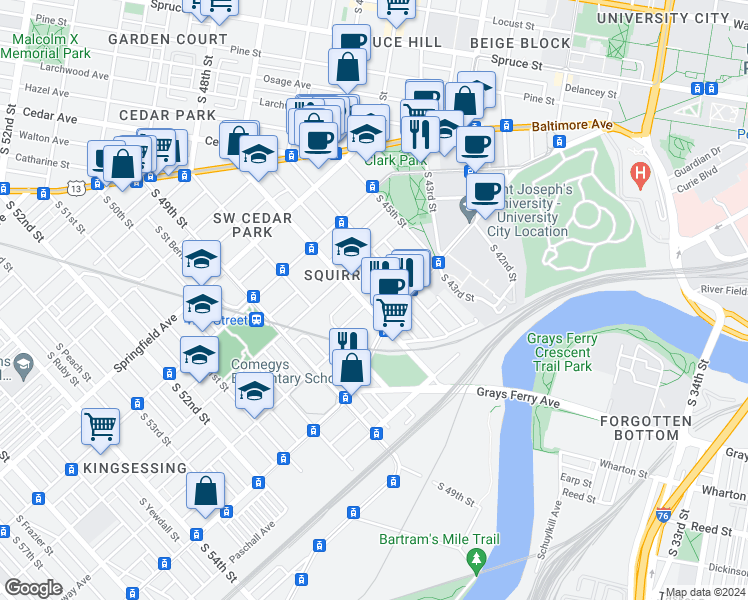 map of restaurants, bars, coffee shops, grocery stores, and more near 1235 South 47th Street in Philadelphia