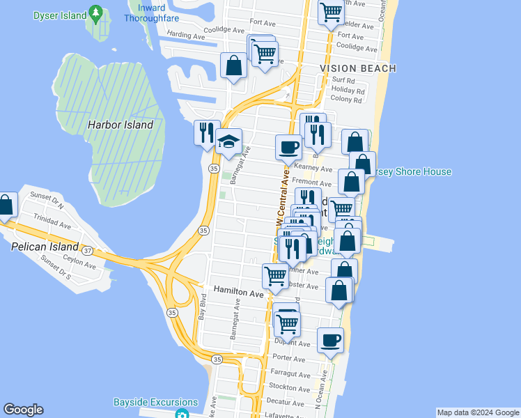 map of restaurants, bars, coffee shops, grocery stores, and more near 217 Sherman Avenue in Seaside Heights