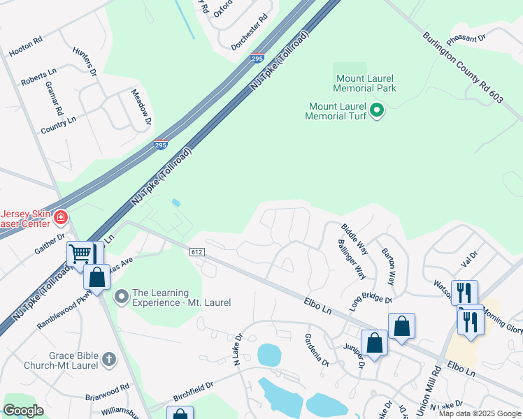 map of restaurants, bars, coffee shops, grocery stores, and more near 2408-2604 Stokes Road in Mount Laurel