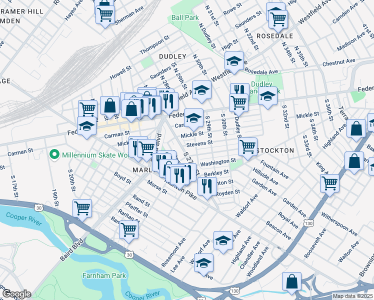 map of restaurants, bars, coffee shops, grocery stores, and more near 224 South 27th Street in Camden