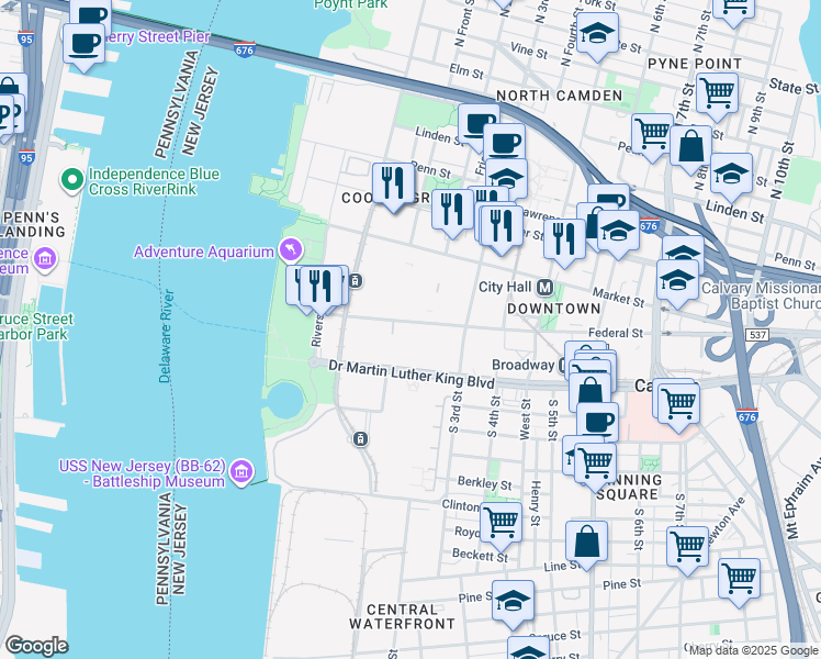 map of restaurants, bars, coffee shops, grocery stores, and more near 169-299 Doctor Martin Luther King Boulevard in Camden