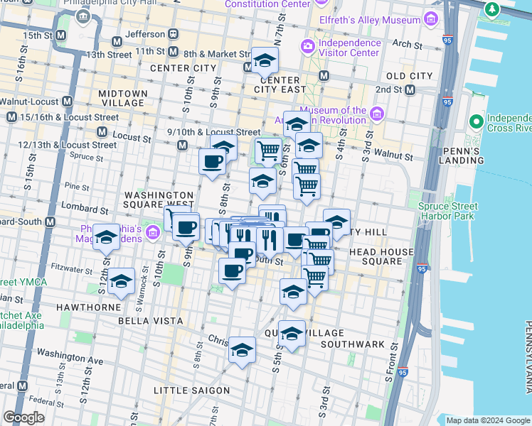 map of restaurants, bars, coffee shops, grocery stores, and more near 615 Pine Street in Philadelphia