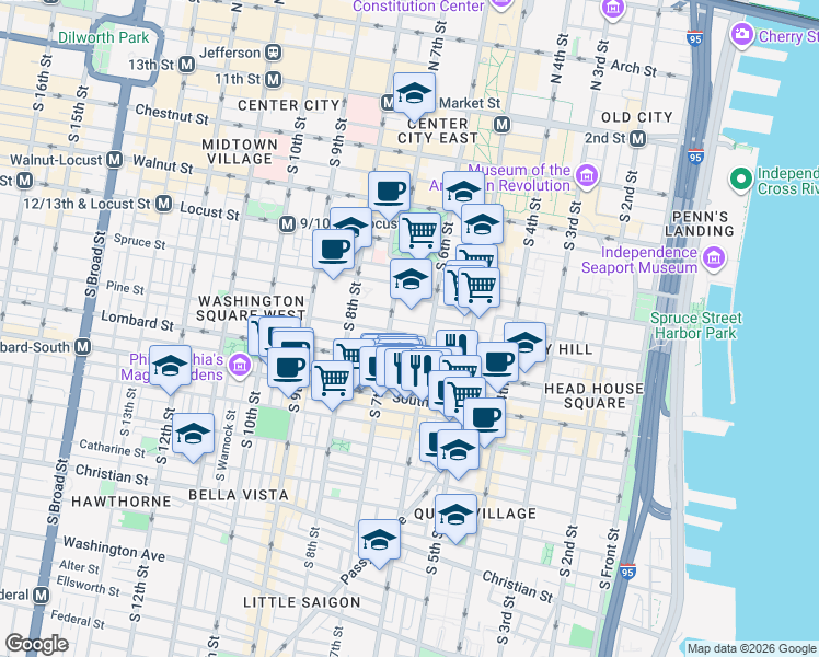 map of restaurants, bars, coffee shops, grocery stores, and more near 640 Addison Street in Philadelphia
