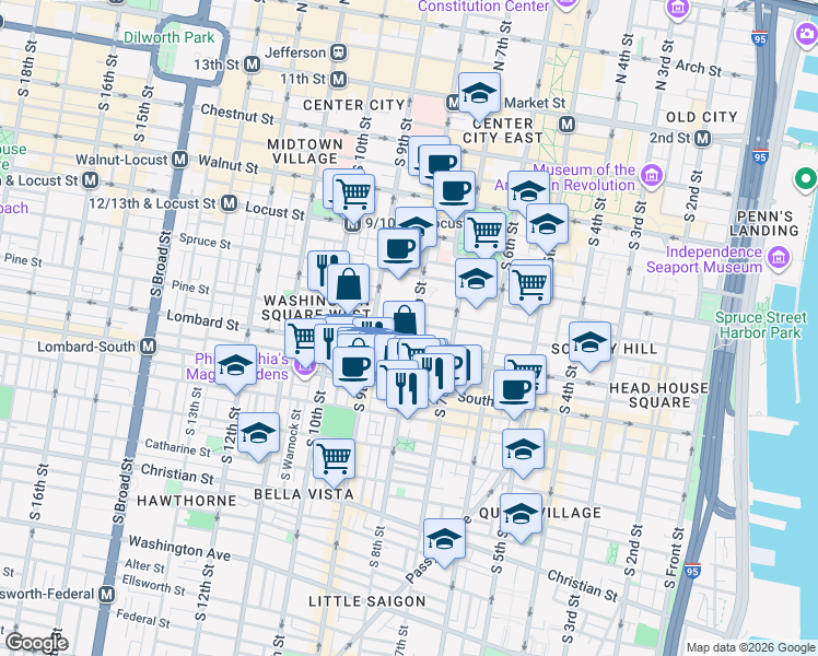 map of restaurants, bars, coffee shops, grocery stores, and more near 816 Lombard Street in Philadelphia