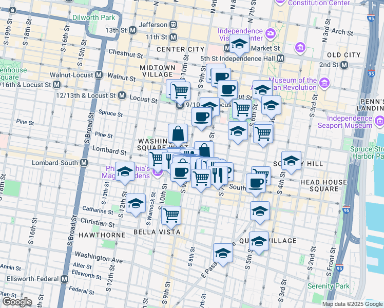 map of restaurants, bars, coffee shops, grocery stores, and more near 816 Lombard Street in Philadelphia