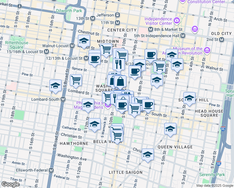 map of restaurants, bars, coffee shops, grocery stores, and more near 900 Lombard Street in Philadelphia