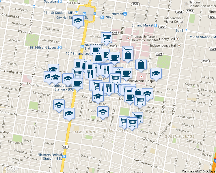 map of restaurants, bars, coffee shops, grocery stores, and more near 1108 Rodman Street in Philadelphia