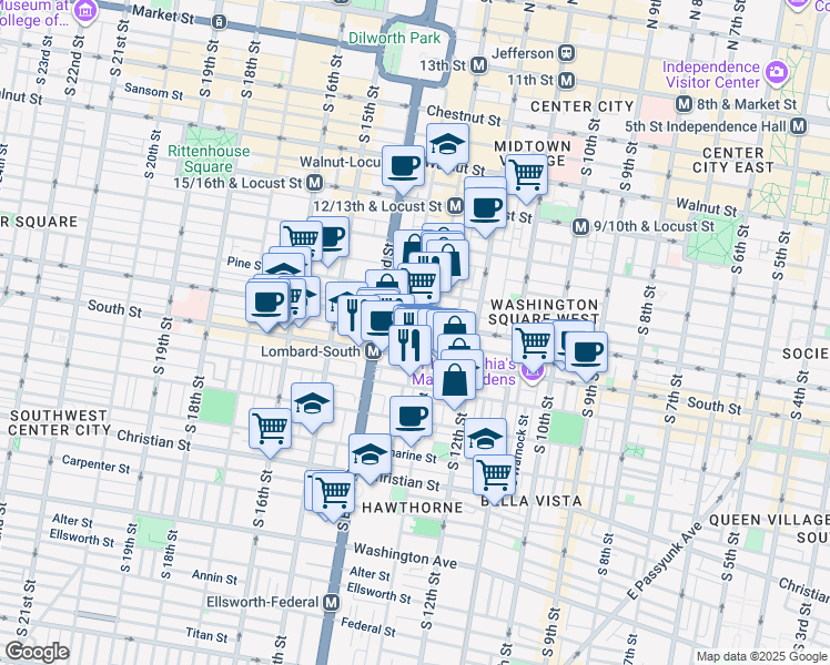 map of restaurants, bars, coffee shops, grocery stores, and more near in Philadelphia