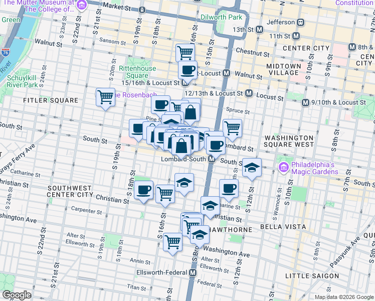 map of restaurants, bars, coffee shops, grocery stores, and more near 1520-36 South Street in Philadelphia