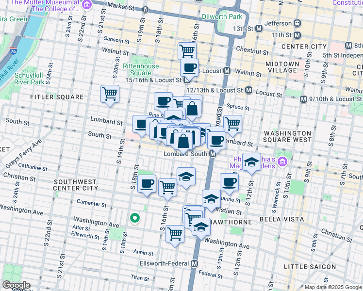 map of restaurants, bars, coffee shops, grocery stores, and more near 1520-36 South Street in Philadelphia