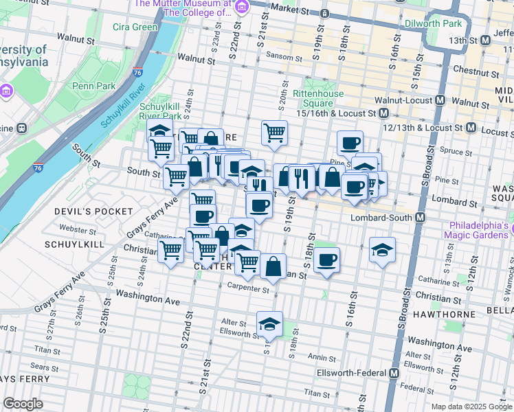 map of restaurants, bars, coffee shops, grocery stores, and more near 2004 Pemberton Street in Philadelphia