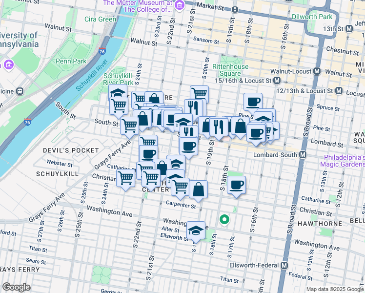 map of restaurants, bars, coffee shops, grocery stores, and more near 2004 Pemberton Street in Philadelphia
