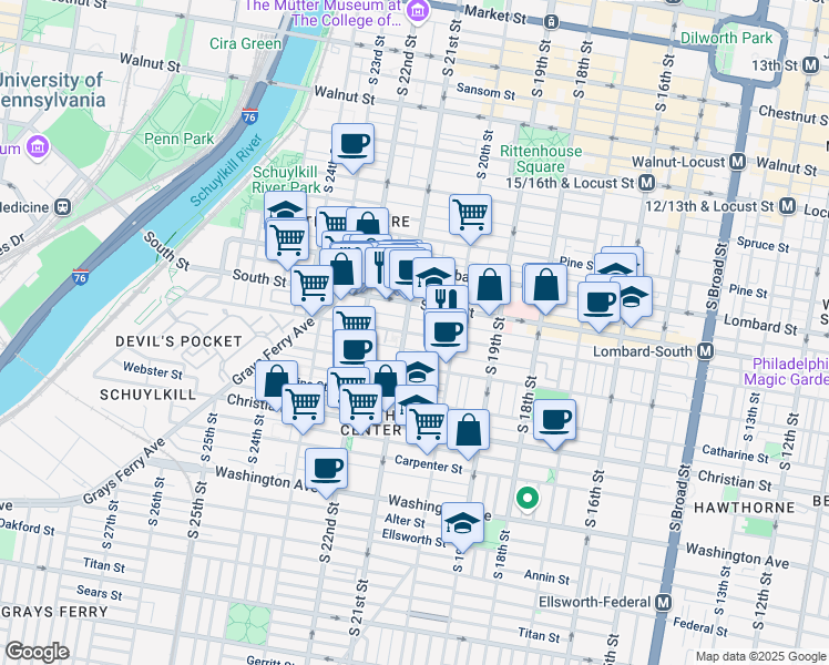 map of restaurants, bars, coffee shops, grocery stores, and more near 2054 Pemberton Street in Philadelphia