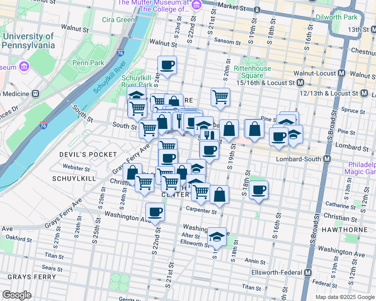 map of restaurants, bars, coffee shops, grocery stores, and more near 2054 Pemberton Street in Philadelphia