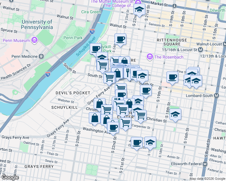 map of restaurants, bars, coffee shops, grocery stores, and more near 2230 Fitzwater Street in Philadelphia