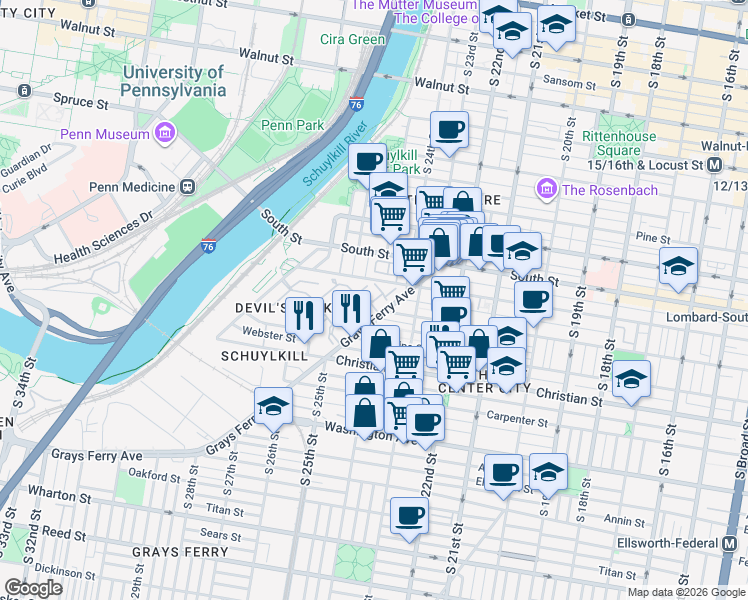 map of restaurants, bars, coffee shops, grocery stores, and more near in Philadelphia