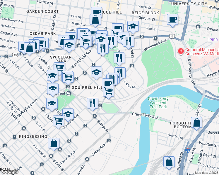 map of restaurants, bars, coffee shops, grocery stores, and more near 4620 Woodland Avenue in Philadelphia