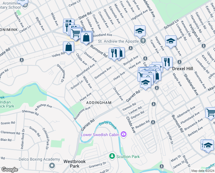 map of restaurants, bars, coffee shops, grocery stores, and more near 4112 Huey Ave in Drexel Hill